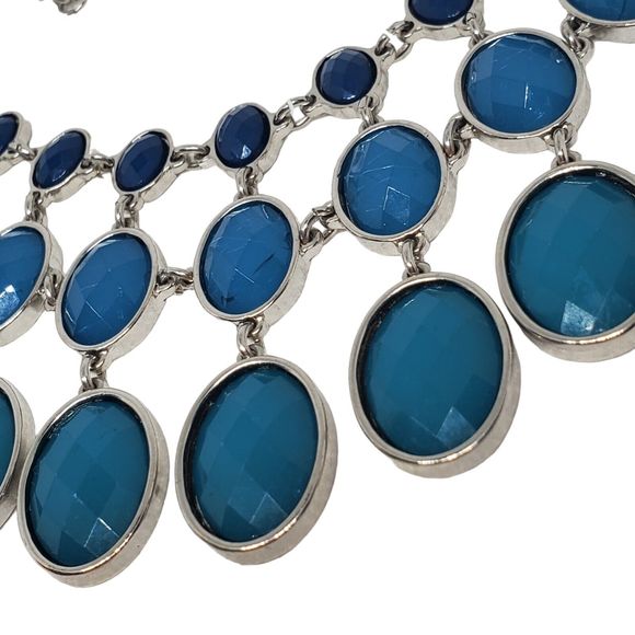 Graduating Blue Green Silver Tone Chain Statement Necklace Faceted Bib Acrylic - Picture 3 of 9